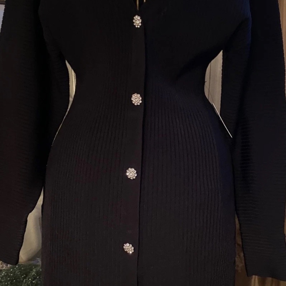 Express Black Ribbed V-Neck Dress with Rhinestone Button - Picture 7 of 7